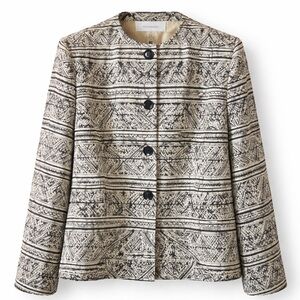 Jones New York Black White Tribal Print Silk Blazer Jacket Size 14